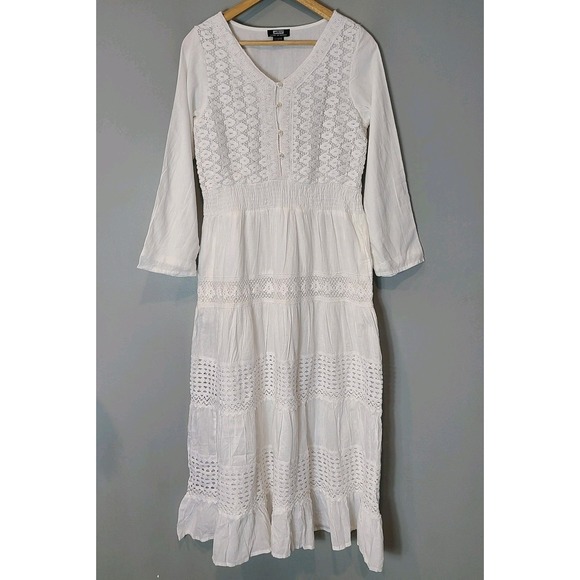 Naoo Dresses & Skirts - NAOO Cotton White Crochet Lace Tiered Flowy Boho Cottage Maxi Dress Sz M Resort